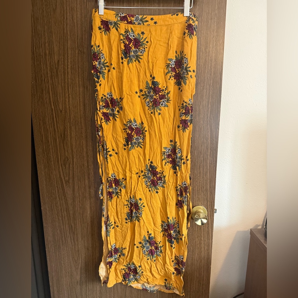 Floral Yellow Maxi Skirt with side ties & slits